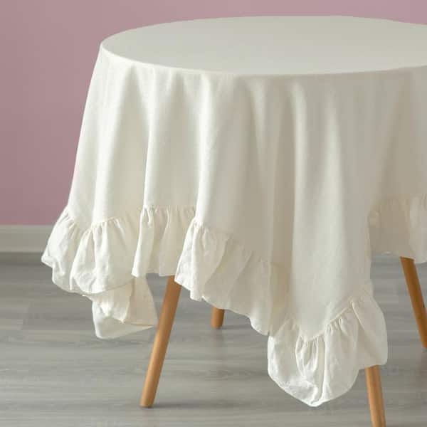 DEERLUX 60 in. x 60 in. Square Whites Sold 100% Pure Linen Washable Tablecloth with Ruffle Trim