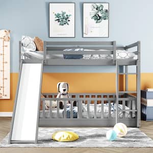 Twin Over Twin Bunk Bed for Kids, Wooden Bunk Bed with Slide and Ladder, Solid Wood Low Bunk Beds Frame，Gray