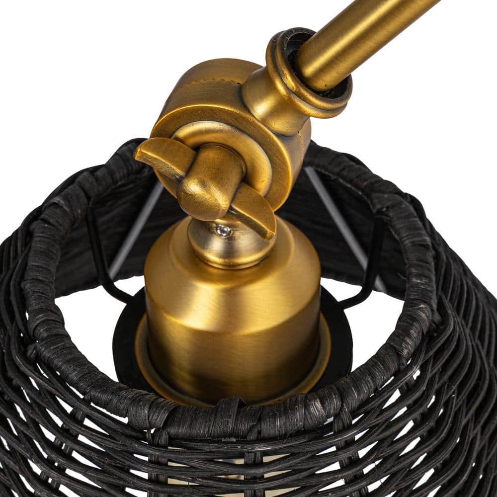 Adjustable Antique Brass Wall Sconce with Black Woven Rattan Shade