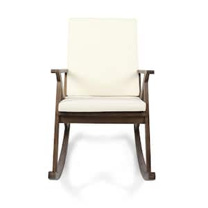 Gus Dark Brown Wood Outdoor Rocking Chair with Cream Cushion