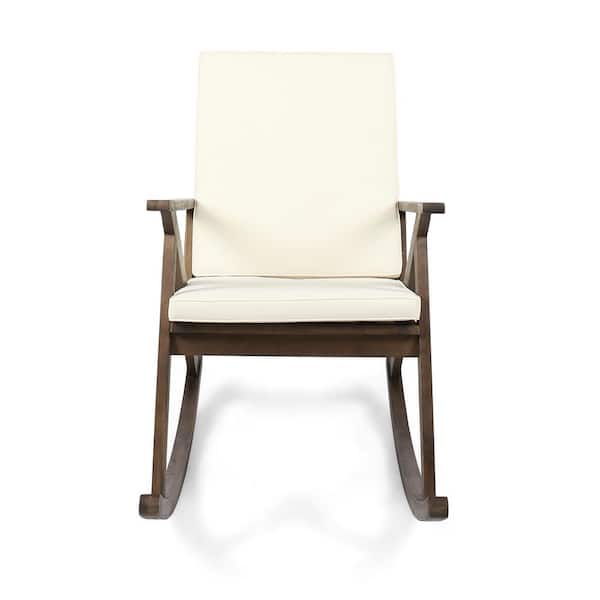 Gus Dark Brown Wood Outdoor Patio Rocking Chair with Cream Cushion