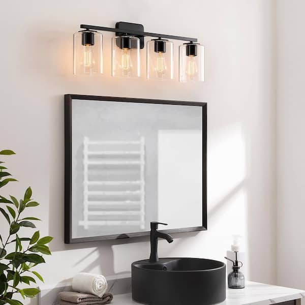 29 in. 4-Light Black Vanity Light with Square Glass Shades