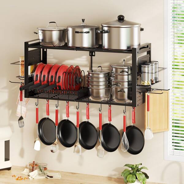 3-in-1 Heavy Duty Black Metal Wall Mount Pot Rack with Pot Lid Holder, 2 tier Kitchen Racks for Kitchen Cookware