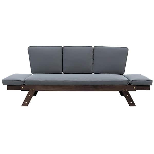 TIRAMISUBEST Wood Outdoor Day Bed Sofa with Gray Cushions