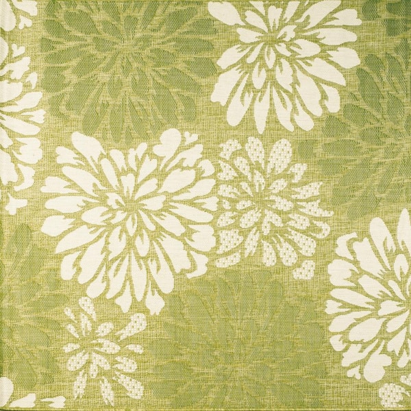 Zinnia Modern Floral Textured Weave Green/Cream 5 ft. Square Indoor/Outdoor Area Rug