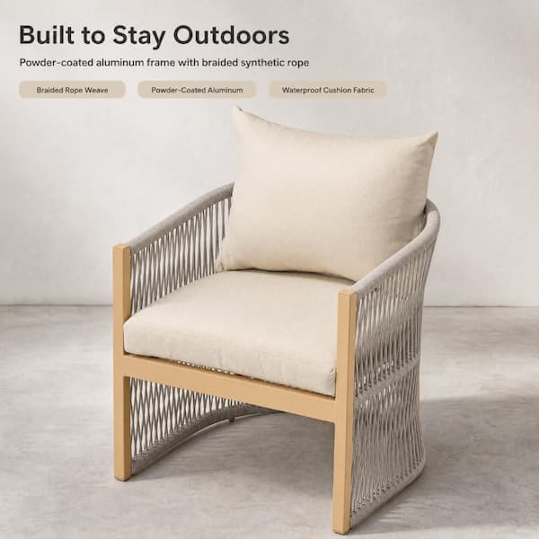 25 in. W Beige Curved Aluminum Outdoor Lounge Chair with Rope-Weave Back and Cushions