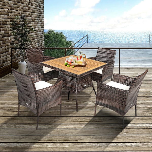 5-Piece Wicker Square Patio Outdoor Dining Table & Chair Set Outdoor Furniture Set with White Seat Cushions