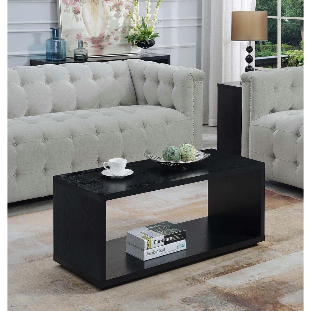 Black Rectangular Wood Coffee Table with Shelf