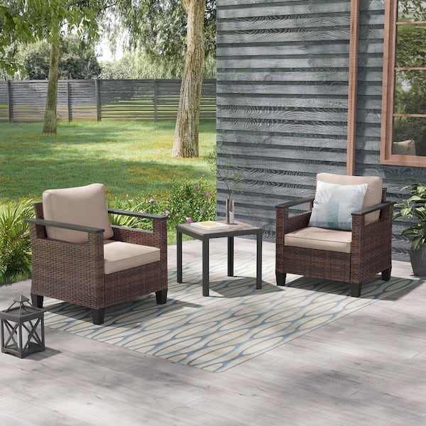 3 Pieces Brown Wicker Patio Conversation Set Patio Chairs Set with Side Table with Sand Cushions