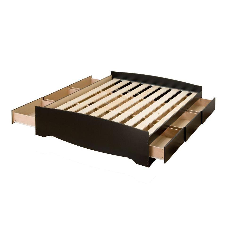Full Black Pine Wood Platform Bed with 6 Storage Drawers
