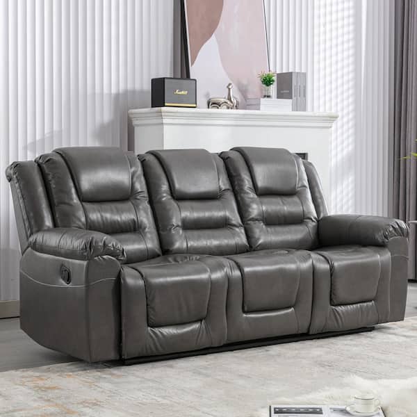 84.2 in. W Gray Modern Round Arm PU Leather 3-Seat Straight Rectangle Sofa, Home Theater Seating Manual Recliner