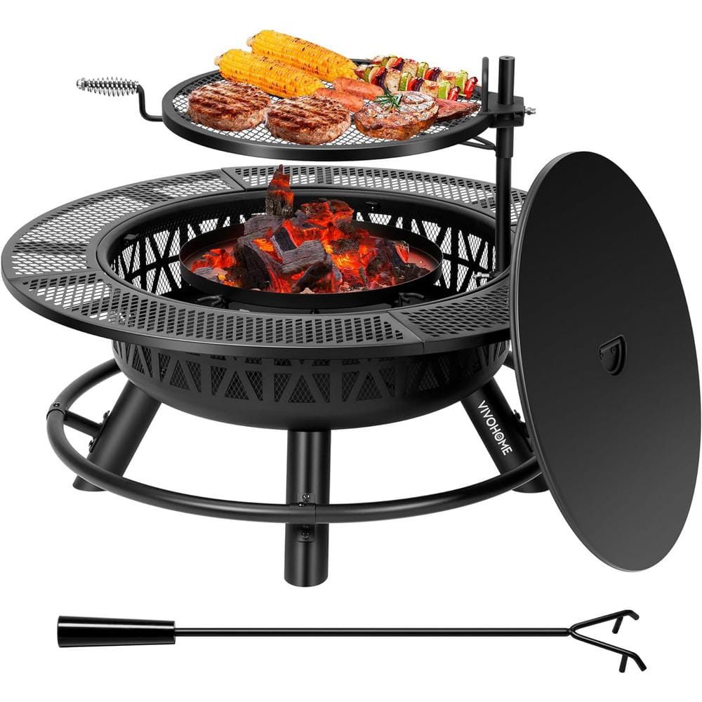 Vivohome 35 In. Metal Wood Burning Fire Pit With Cooking Grill Grate 