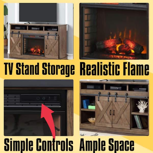 66 in. TV Stand with 28 in. Electric Fireplace Insert, Barnwood Finish, Sliding Barn Doors, Heats up to 400 Sq. Ft.