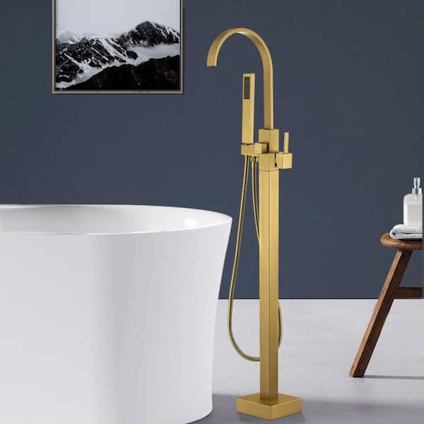 Satico Single-Handle Classical Freestanding Bathtub Faucet with Hand Shower in Brushed Brass