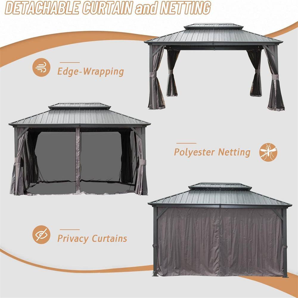 16x12 Gray Aluminum Hardtop Gazebo with Curtains and Netting