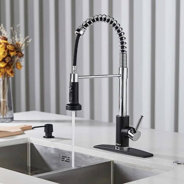 FORIOUS Single-Spring Handle Kitchen Faucet with Pull Down Function Sprayer Kitchen  Sink Faucet with Deck Plate in Black Chrome HH0024BCH - The Home Depot