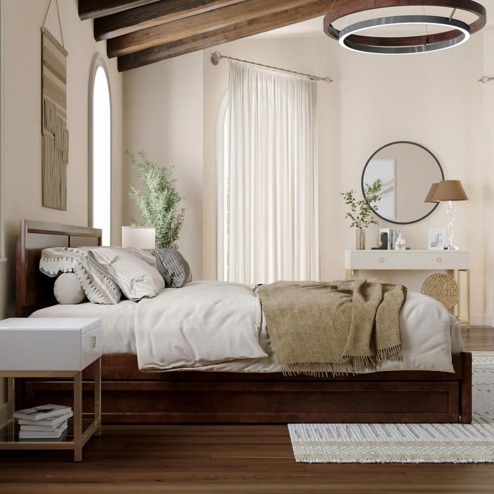 Walnut King Solid Wood Platform Bed with Trundle