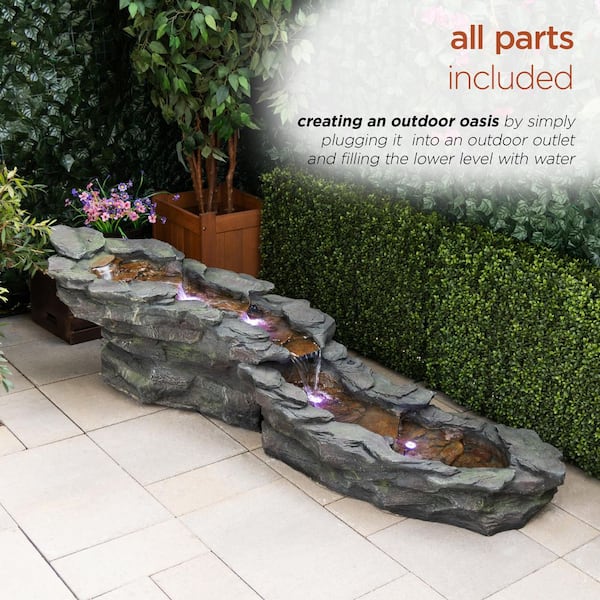 Alpine Corporation - 19 in. Tall Outdoor Tiering Rocky River Stream Water Fountain with LED Lights
