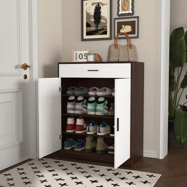 39.4 in. H x 31.5 in. W Walnut Shoe Storage Cabinet with 2-White Doors and Drawer, 4-Tier Adjustable Shoe Rack