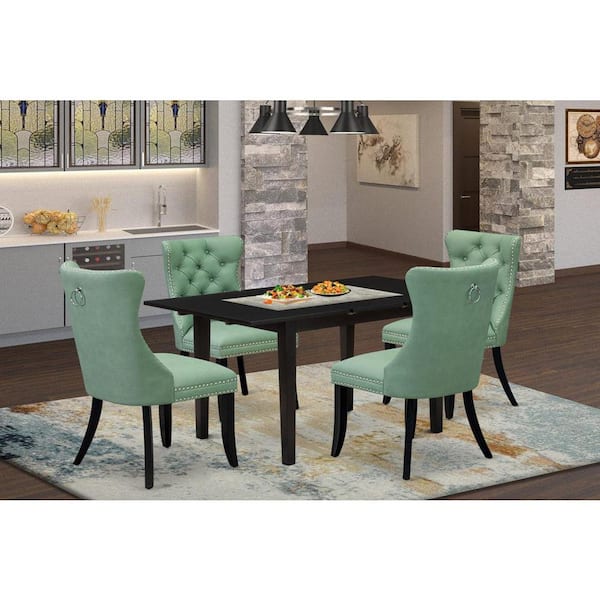 East West Furniture 5-Piece Black Finish Solid Wood Top Rectangular Upholstered Dining Room Set with Butterfly Leaf (Seats-4)
