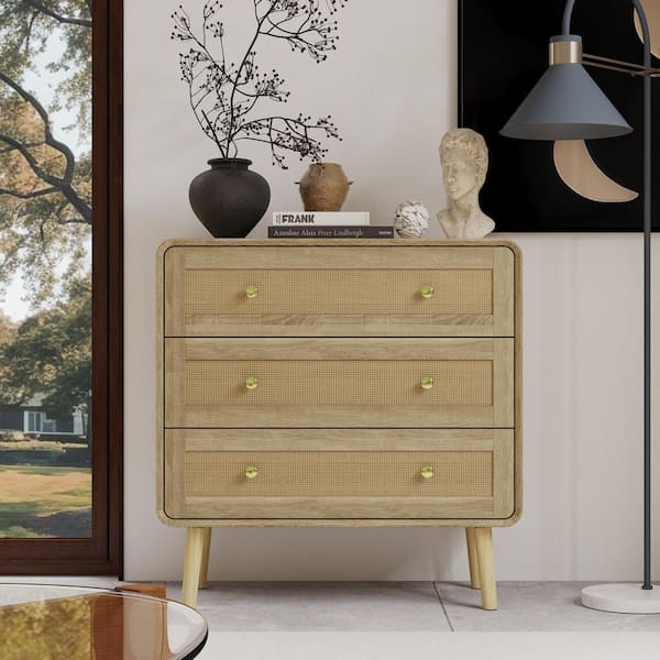 FUFU&GAGA Burly Wood Grain Yellow 3-Drawer 31.5 in. W x 13.8 in. D x 32 in. H Large Nightstand, End Table
