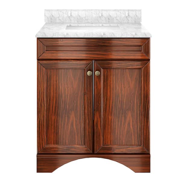 VANITYFUS Solid Wood 30 in. W x 22 in. D x 35.4 in. H Single Sink Bath Vanity in Brown with Carrara White Natural Marble Top