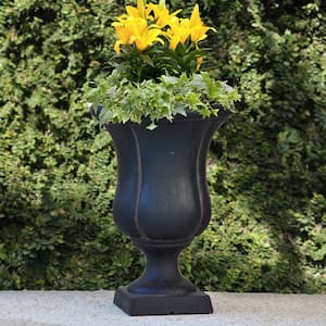 12 in. x 17 in. Cast Stone Fiberglass Sol Urn on Square Base in Aged Charcoal