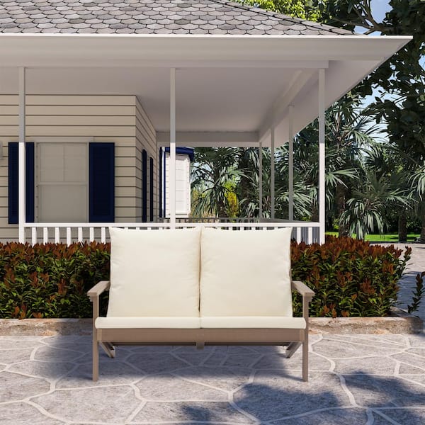 2-Seater HIPS Plastic Outdoor Loveseat Sectional Sofa Patio Couch with Beige Cushions and Pillow