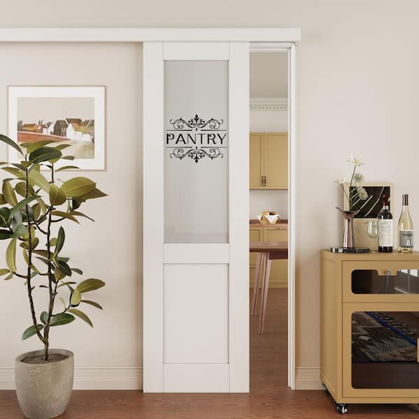 24 in. x 80 in. Hidden Track 1/2 Lite Glass White Primed MDF Sliding Barn Door with Hardware Kit and Pantry Sticker