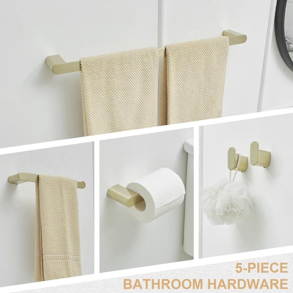 5-Piece Bath Hardware Set with Towel Bar Towel Hook Toilet Paper Holder in Brushed Gold