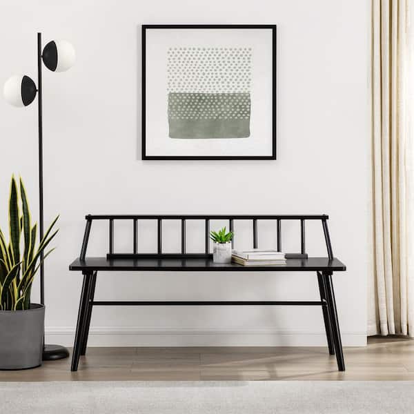 Welwick Designs Black Solid Wood Scandinavian Bench with Low Spindle Back (26 in. H x 48 in. W x 17 in. D)