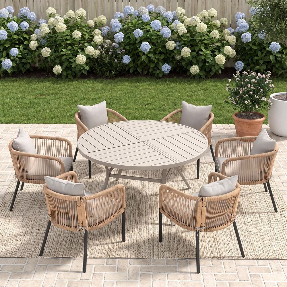 7-Piece 53.1 in. Sandshell Metal Round Outdoor Dining Set with Umbrella Hole, 6 Wheat Rattan Chairs with White Cushions price history on PriceWatchPro