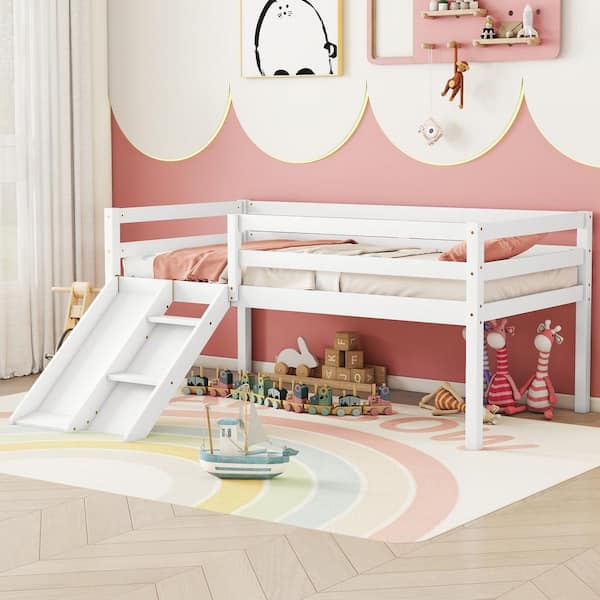 Harper & Bright Designs White Wood Frame Twin Size Low Loft Bed with Slide, Sloping Ladder, Safety Guardrails