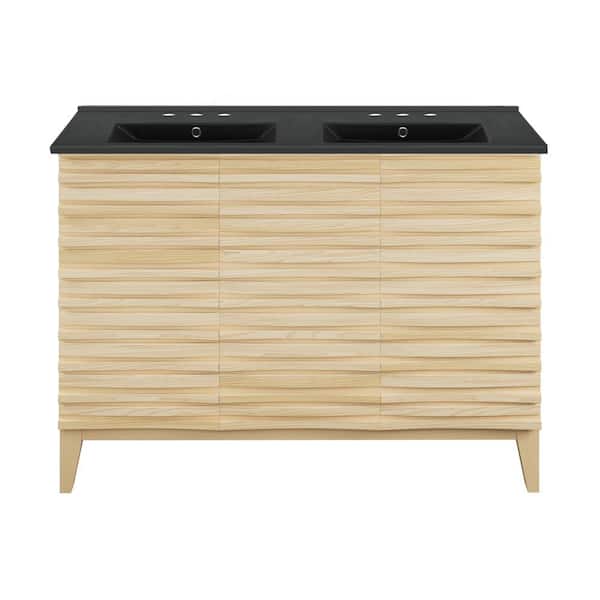 Swiss Madison Cascade 48 in. Natural Oak, Double Basin Bathroom Vanity with Black, 3-Hole Ceramic Sink Top