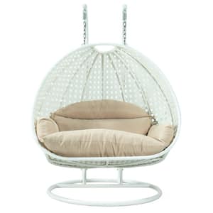 White Wicker Hanging 2-Person Egg Swing Chair Porch Swing With Beige Cushions