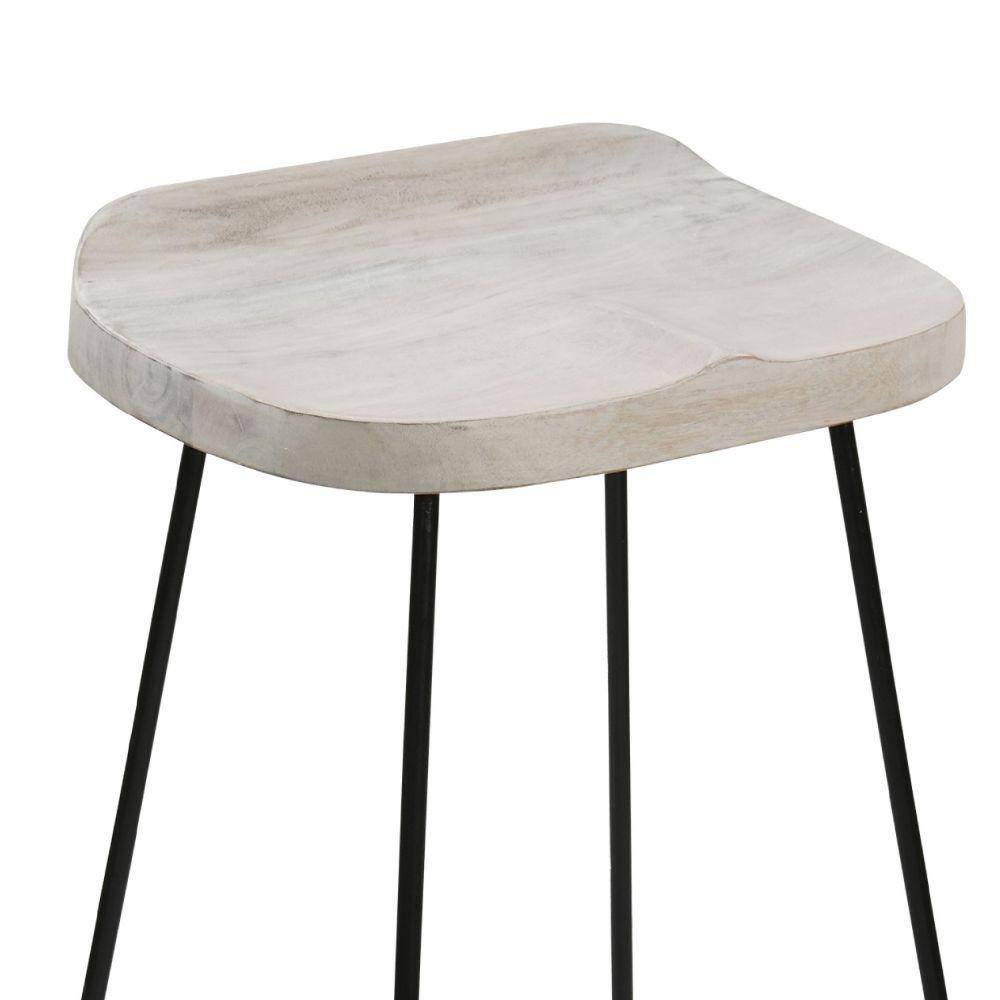 30-Inch Whitewashed Mango Wood Saddle Seat Backless Barstool with Black Metal Base