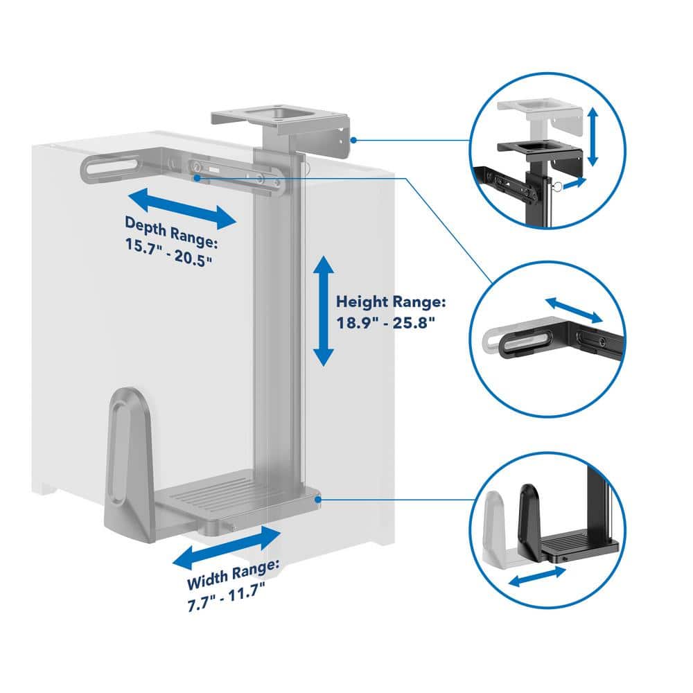 Black Adjustable Steel Under Desk and Wall CPU Mount