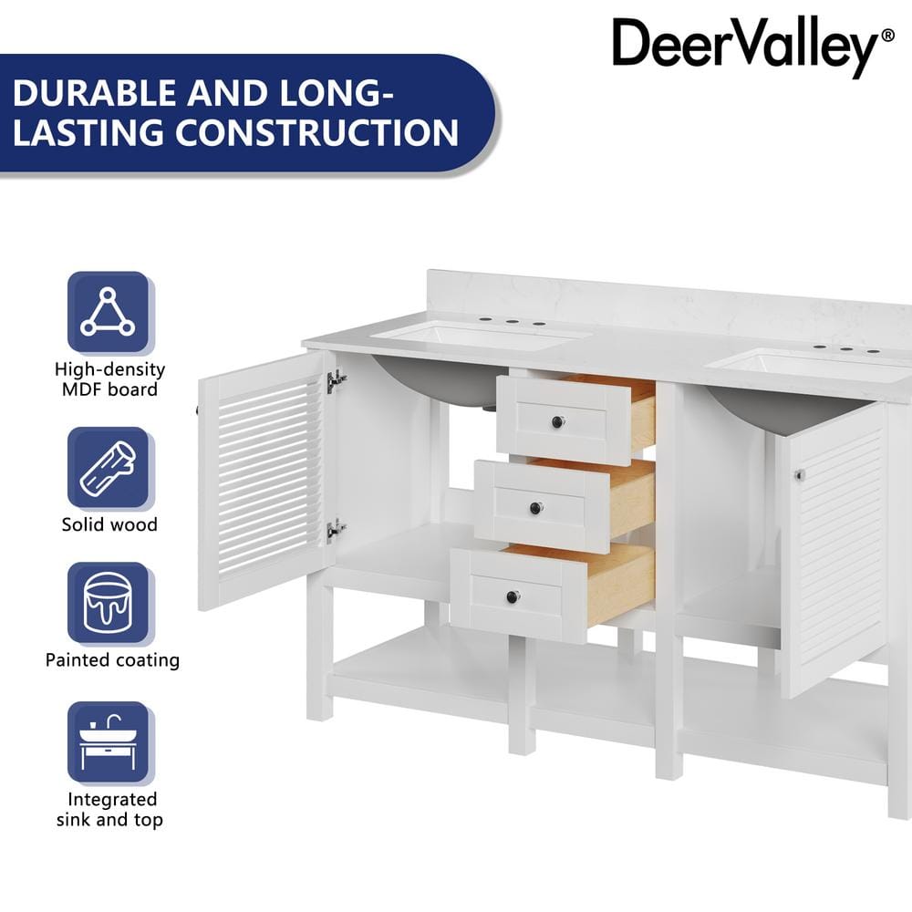 60'' White Double Sink Freestanding Bathroom Vanity with Marble Top