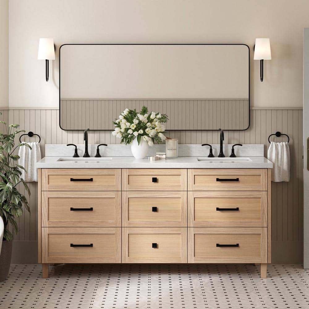 Monroe 72 in. Double Sink Freestanding Bathroom Vanity in Oak with Carrara White Marble Top price history on PriceWatchPro