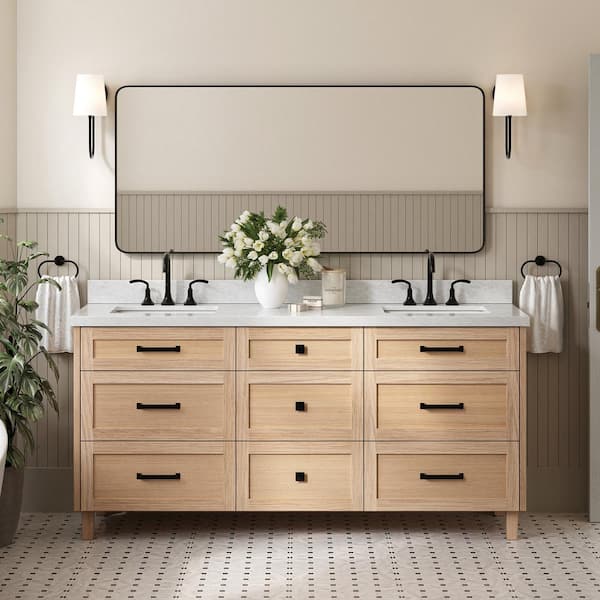 Monroe 73 in. W x 22 in. D x 36 in. H Double Sink Bath Vanity in Oak with Italian Carrara Marble Top