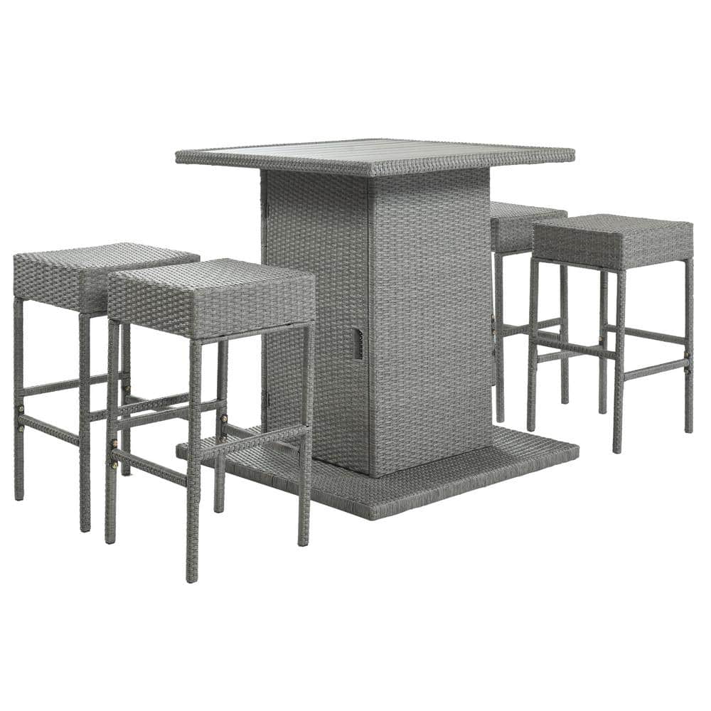 Gray 5-Piece Wicker Outdoor Dining Set with Plastic Bar Table Top and Dark 