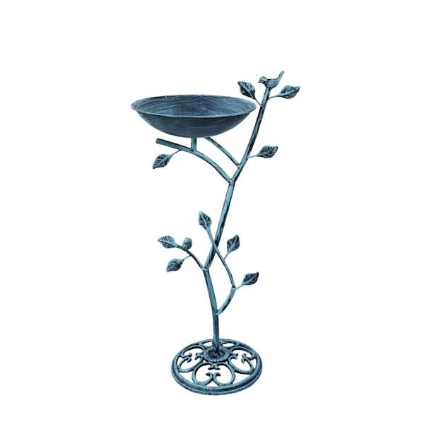11.4 in. Dia Blue Metal Pedestal Bird Bath Bowl, Outdoor Vintage Bird Bath