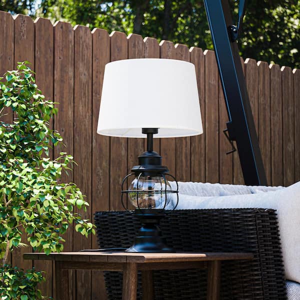 Hampton Bay Summerwalk 28 in. Black Outdoor/Indoor Table Lamp with Off-White Fabric Shade