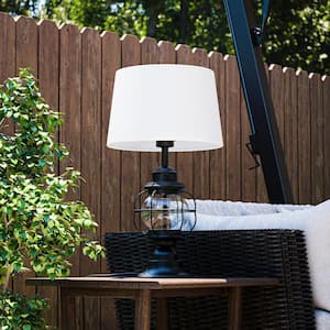 Summerwalk 28 in. Black Outdoor/Indoor Table Lamp with Off-White Fabric Shade