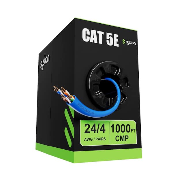 Syston Cable Technology 1000 ft. Blue CMP Plenum Rated Cat5e 350MHz 24AWG Solid Bare Copper Ethernet Network Wire - Bulk No Ends Heat Resistant