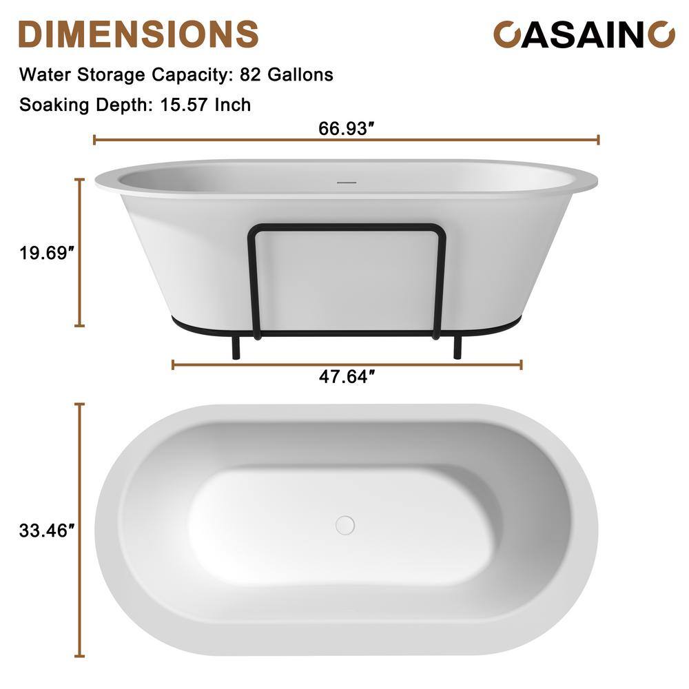 Matte White 67" Freestanding Soaking Bathtub with Black Pillow