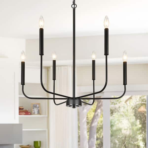 6 Light Matte Black Chandelier Light Fixture, Modern Dining Room Light Fixture, Farmhouse Chandeliers for Staircase