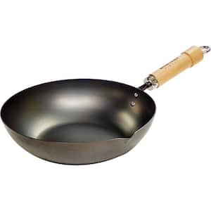 5.7 in. Induction Compatible Iron Wok Frying Pan, Nitride Treated, Wood Handle