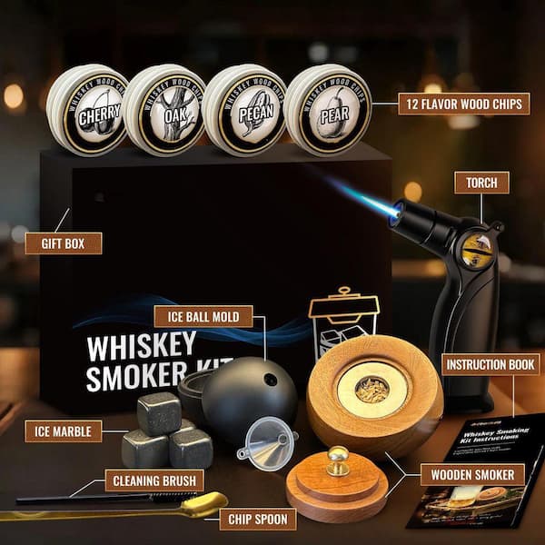 Lynzavix Black Wood Whiskey Cocktail Smoker Kit with Torch, 6 Wood