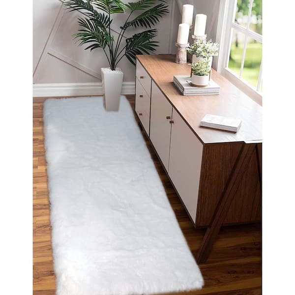 Mmlior White 2 ft. x 6 ft. Soft Faux Rabbit Fur Runner Rug